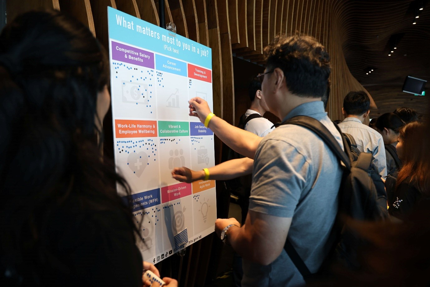 People at display board