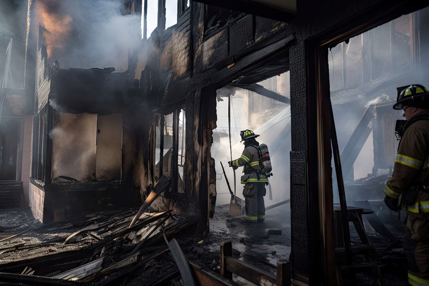 Firefighters standing in a burnt down building.