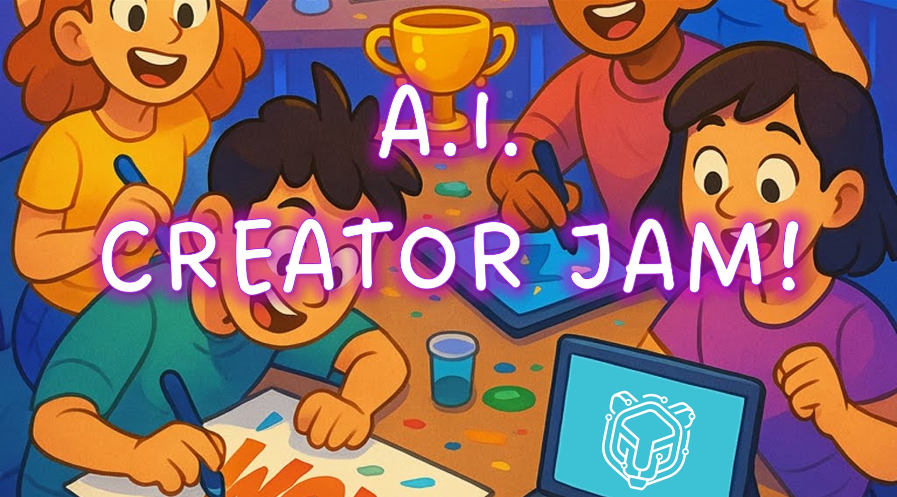 Illustration of happy people creating art together with the text “AI Creator Jam!”.