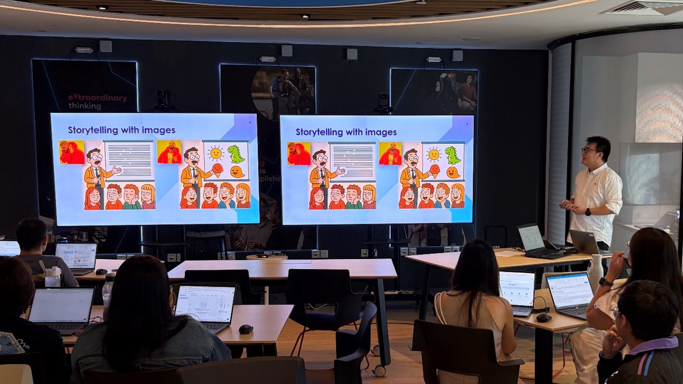 A group of people in a room, facing two screens and a presenter, with the words "Storytelling with images" on the screens.