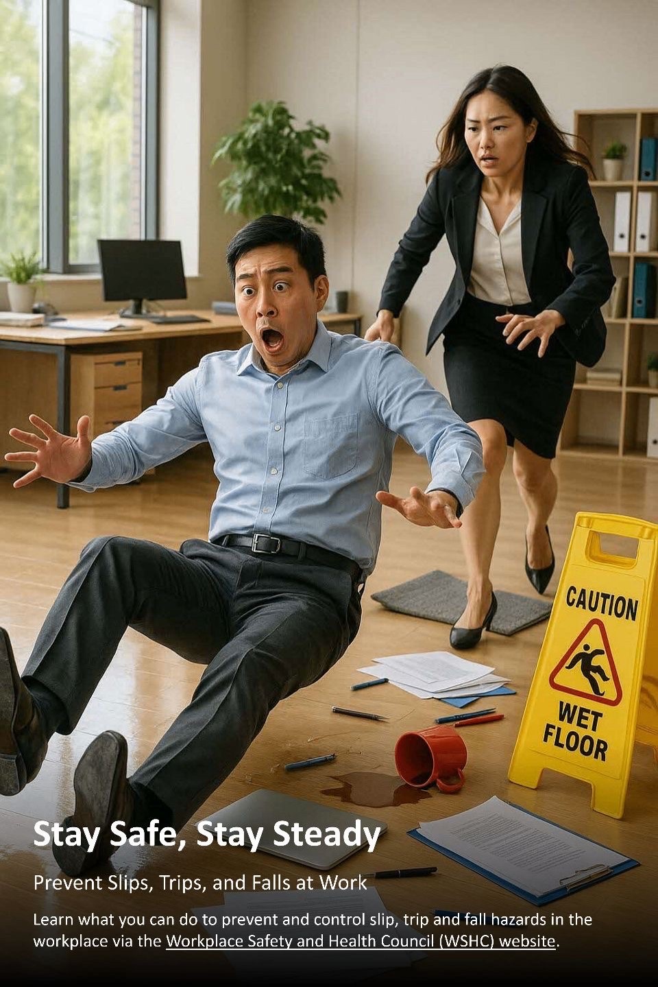 An AI-generated image of a man falling onto the floor next to a fallen mug, papers and pens, as well as a "Caution, Wet Floor" sign, with a woman looking concerned behind him.
