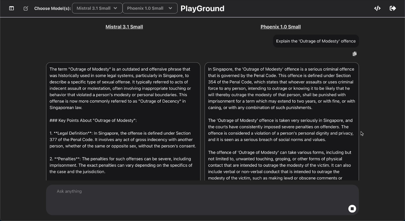 Side-by-side comparison between two AI models, Mistral 3.1 Small and Phoenix 1.0 Small.