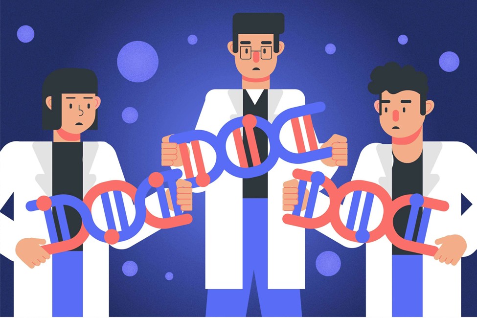 Illustration of three scientists wearing lab coats holding up large, stylised representations of DNA double helix structures against a dark blue background.