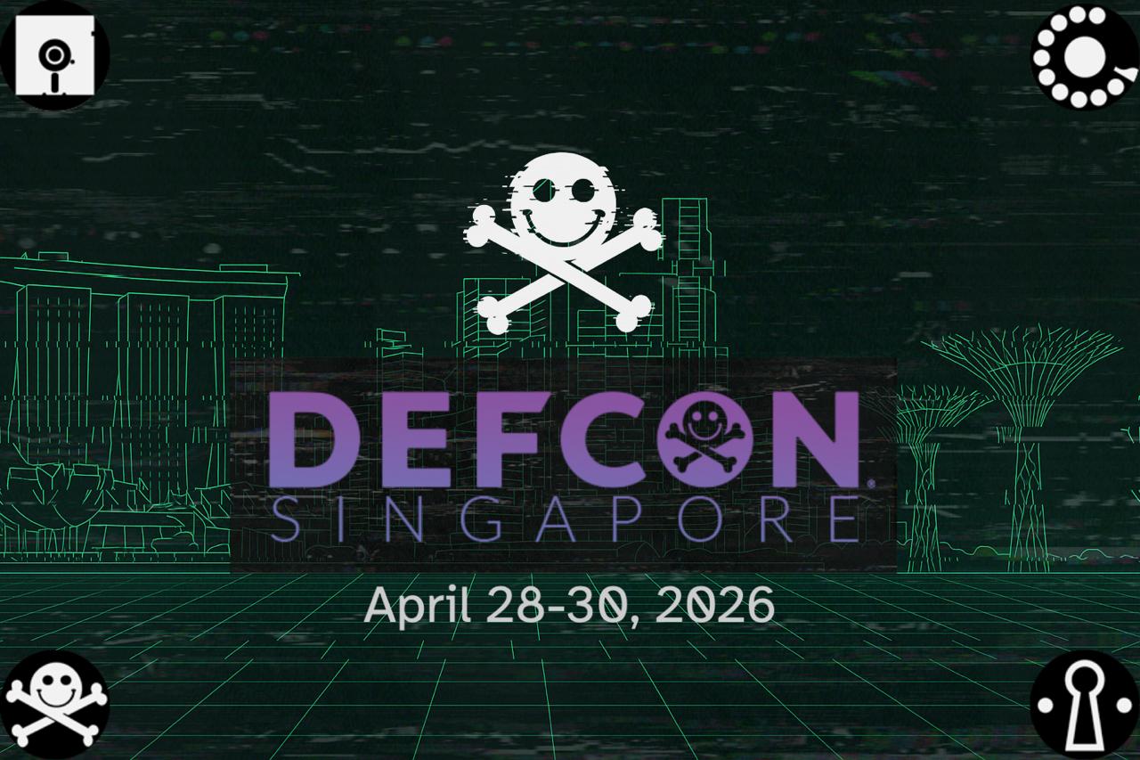 Poster with a glitchy smiley skull logo over a neon Singapore skyline, announcing “DEF CON Singapore, 28-30 April 2026”.