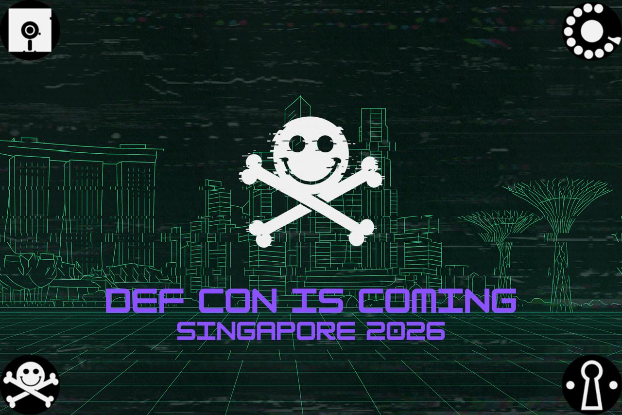 Poster with a glitchy smiley skull logo over a neon Singapore skyline, announcing “DEF CON IS COMING – SINGAPORE 2026”.