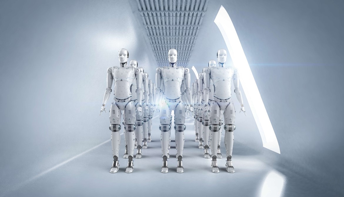 A group of robots walking in a hallway.