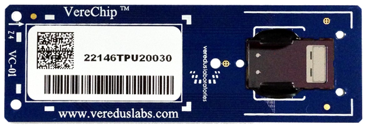 A blue rectangular chip with a bar code.