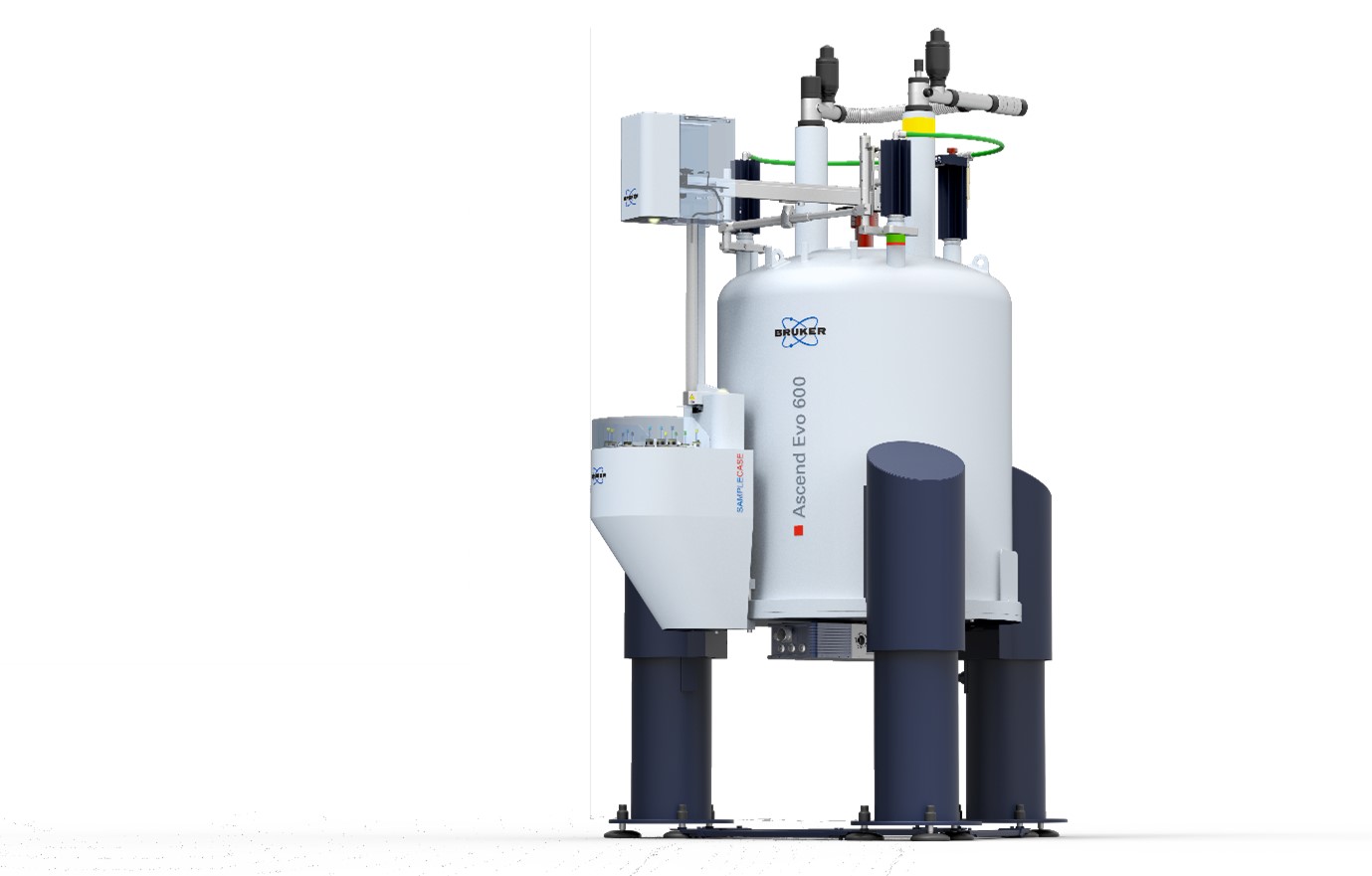 Large white Bruker Ascend Evo 600 cylindrical scientific instrument, used for advanced chemical analysis in laboratories.