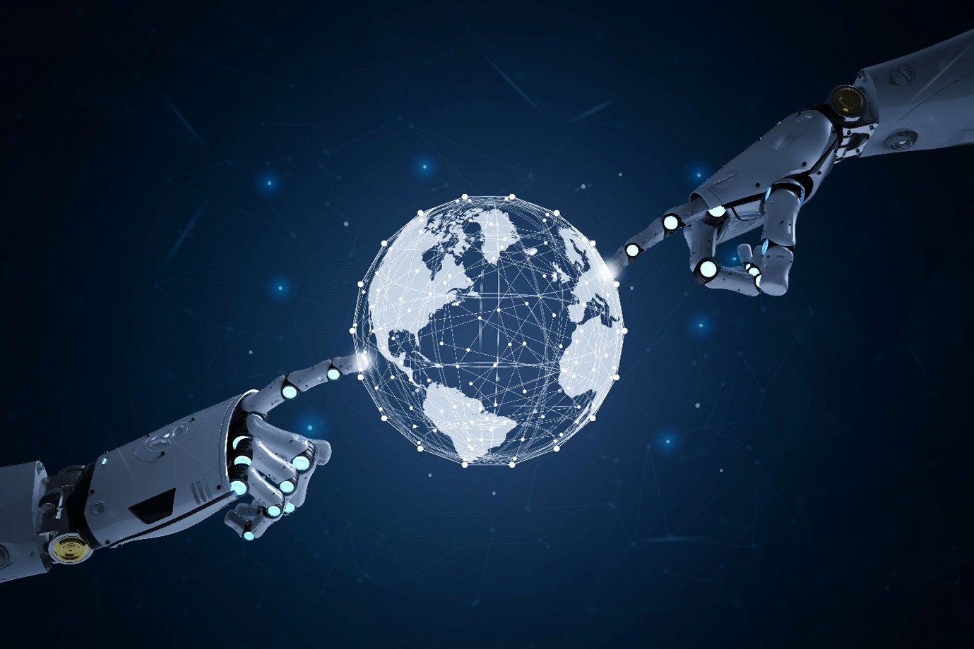 Two robotic arms reach out to touch a wireframe globe.