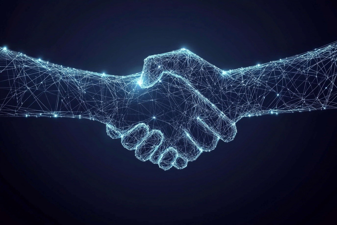 Digital illustration of two hands shaking, composed of glowing blue network-like lines and nodes.