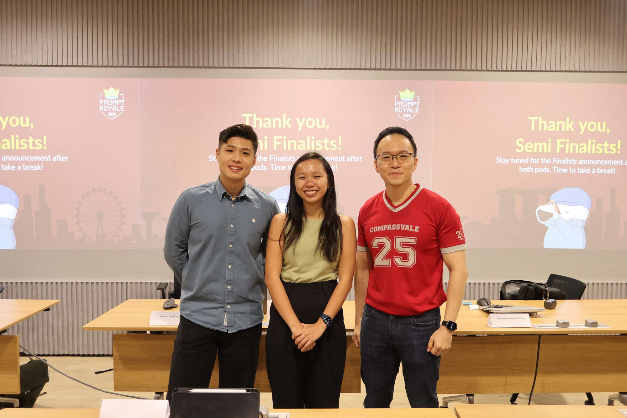 Three semi-finalists standing together and smiling at Prompt Royale 2025 semi-finals.