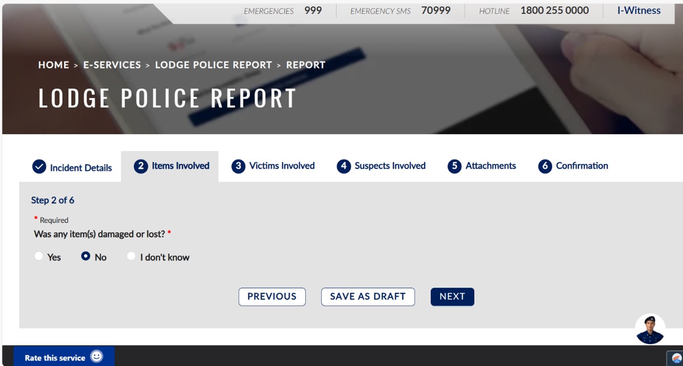 Screenshot of the online "Lodge Police Report" form at Step 2, asking about damaged or lost items.