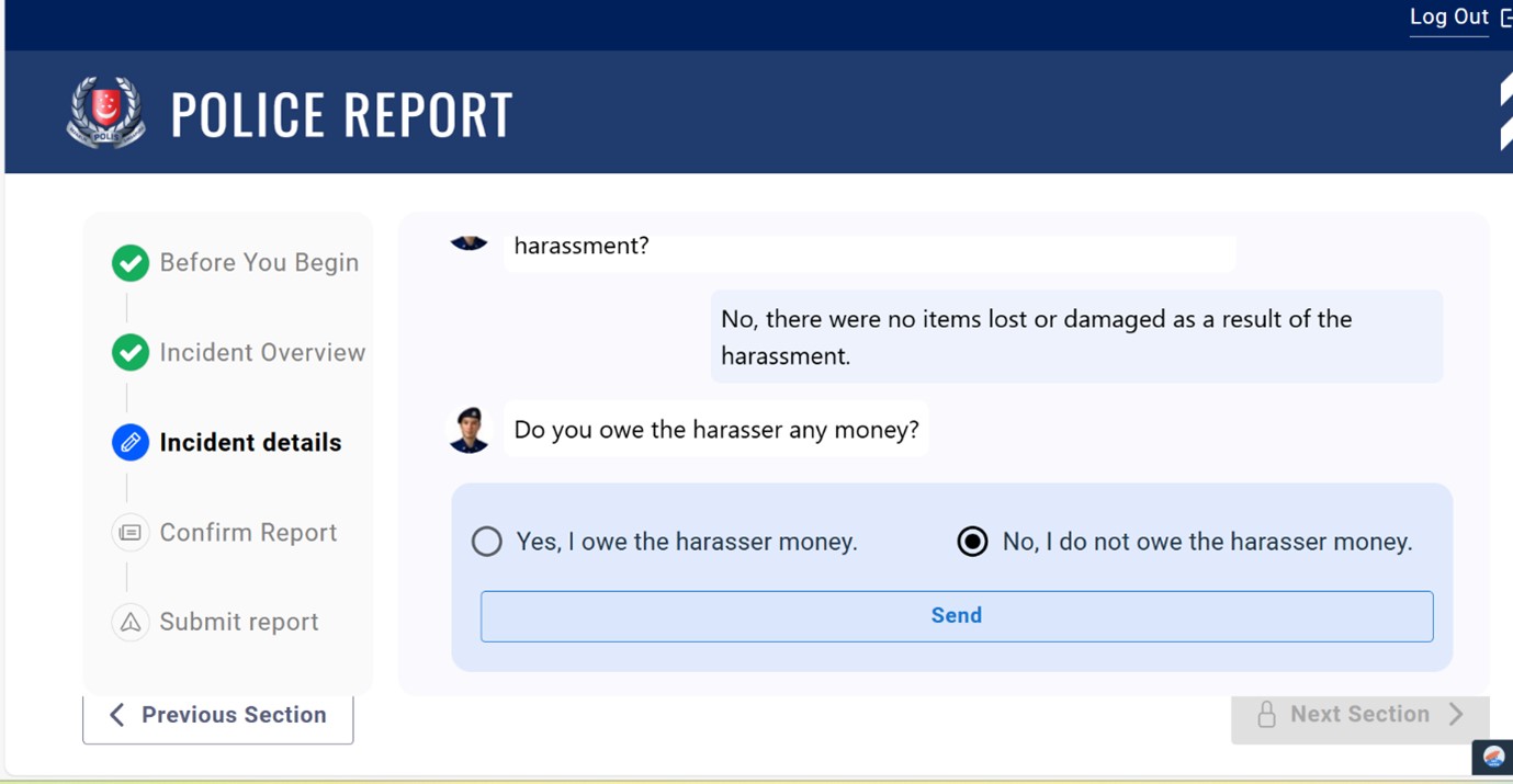 Screenshot of a police report chat interface discussing harassment and money owed.