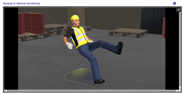 A video game screen of a person wearing a yellow vest and blue jeans slipping on a puddle.