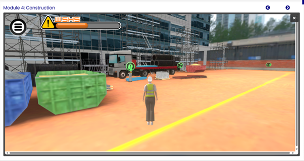 A video game with a person standing on the street in front of a construction site.