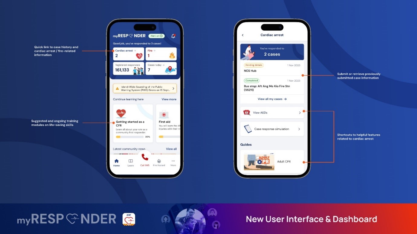 A side-by-side view of the MyResponder app's dashboard, showing a user's case history and available training modules.