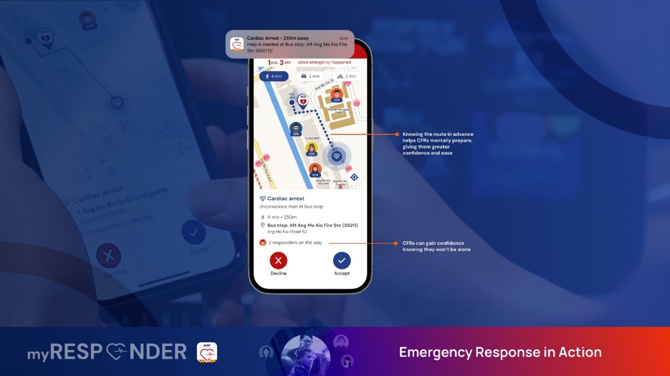 A close-up of a smartphone screen displaying the MyResponder app's map view, showing the location of an emergency and the route to it.