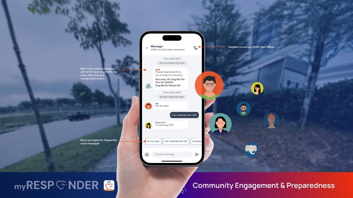 A person's hand holding a smartphone, showing the MyResponder app's real-time chat feature for coordinating with other first responders.