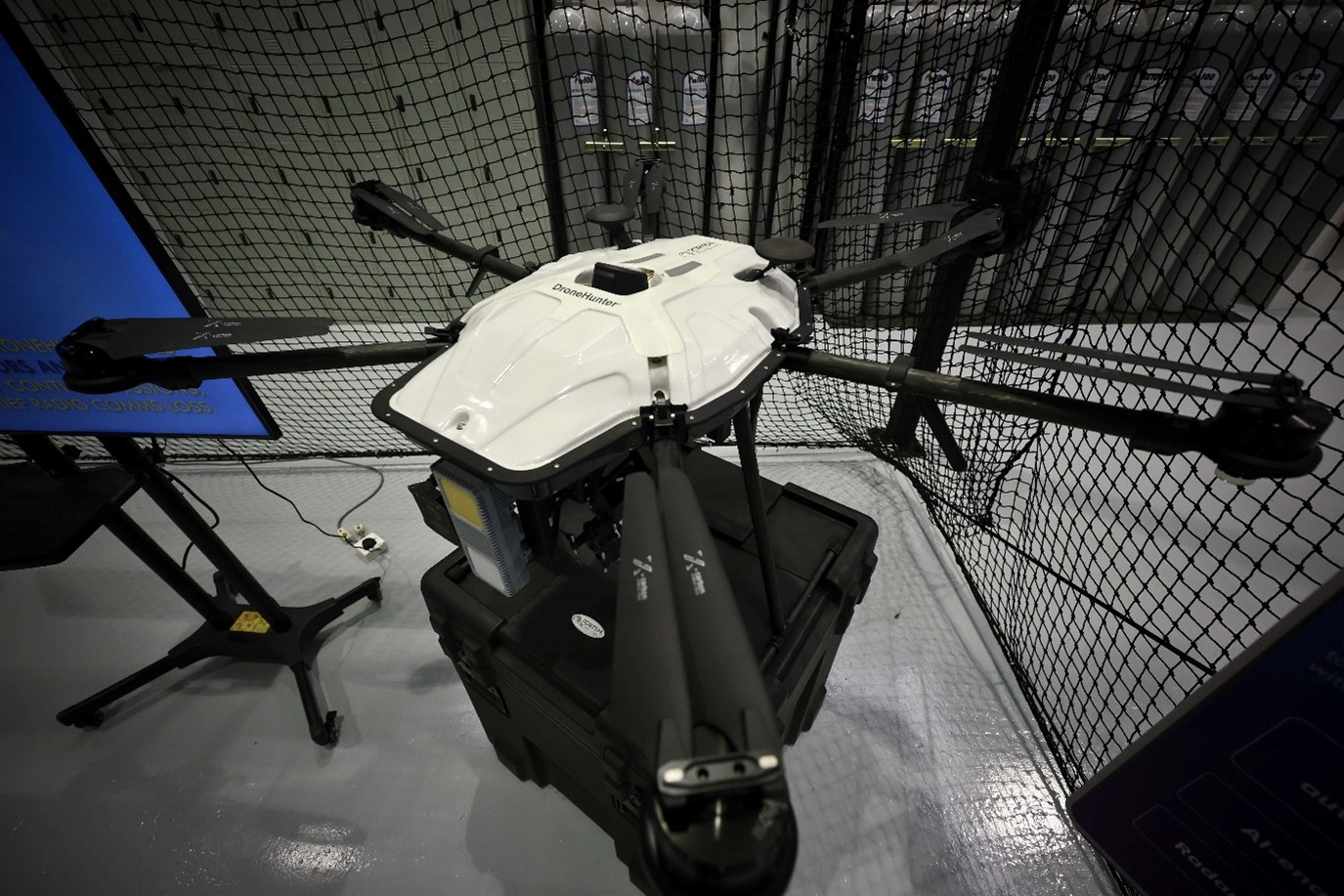 A large drone displayed on a box.