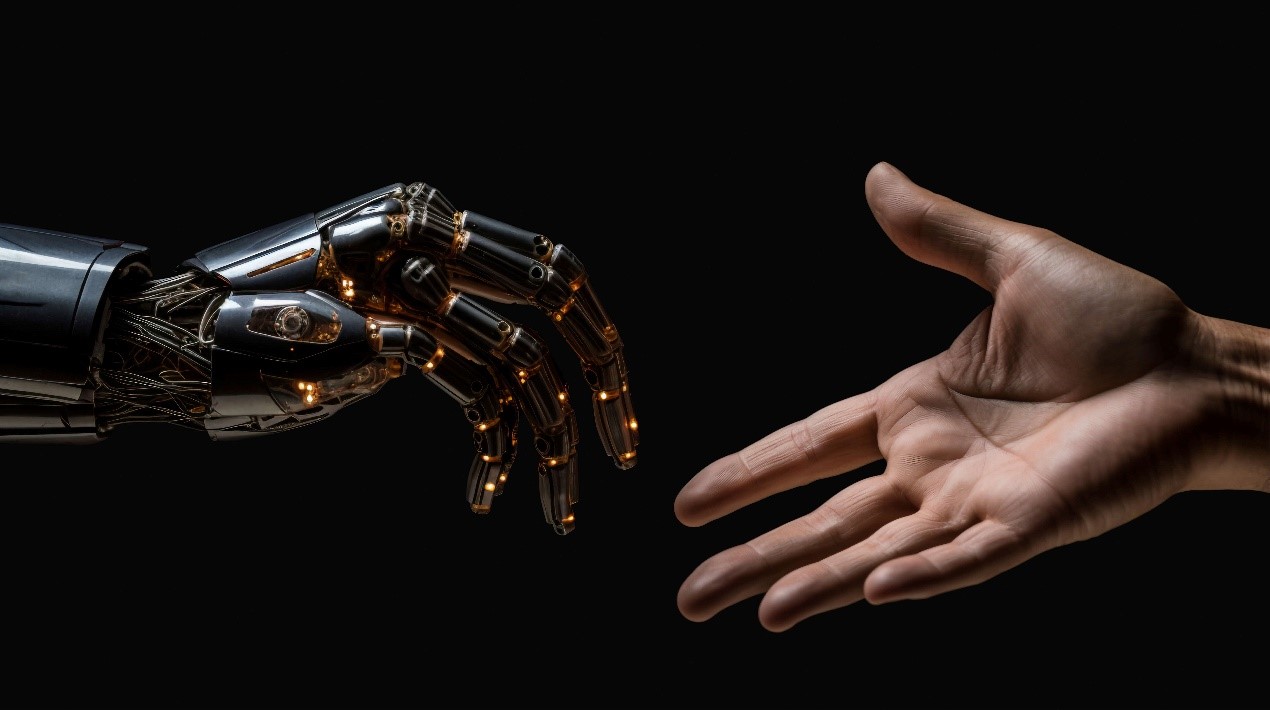 Robotic and human hand reaching to each other.