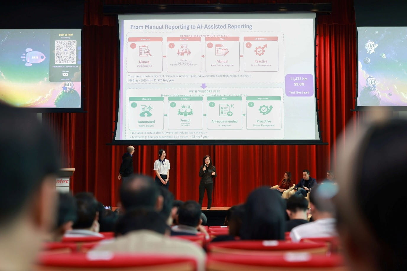 Presentation showing a transition from manual reporting to AI-assisted reporting through a workflow diagram.