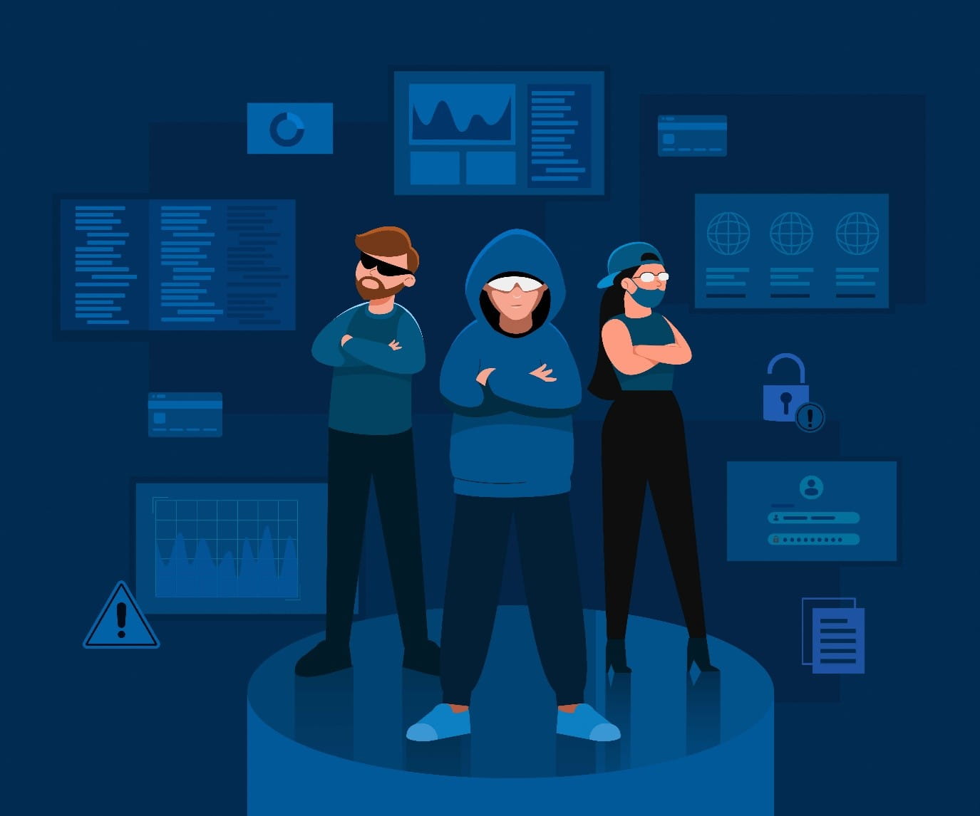 Illustration of three individuals standing confidently on a platform surrounded by digital data.