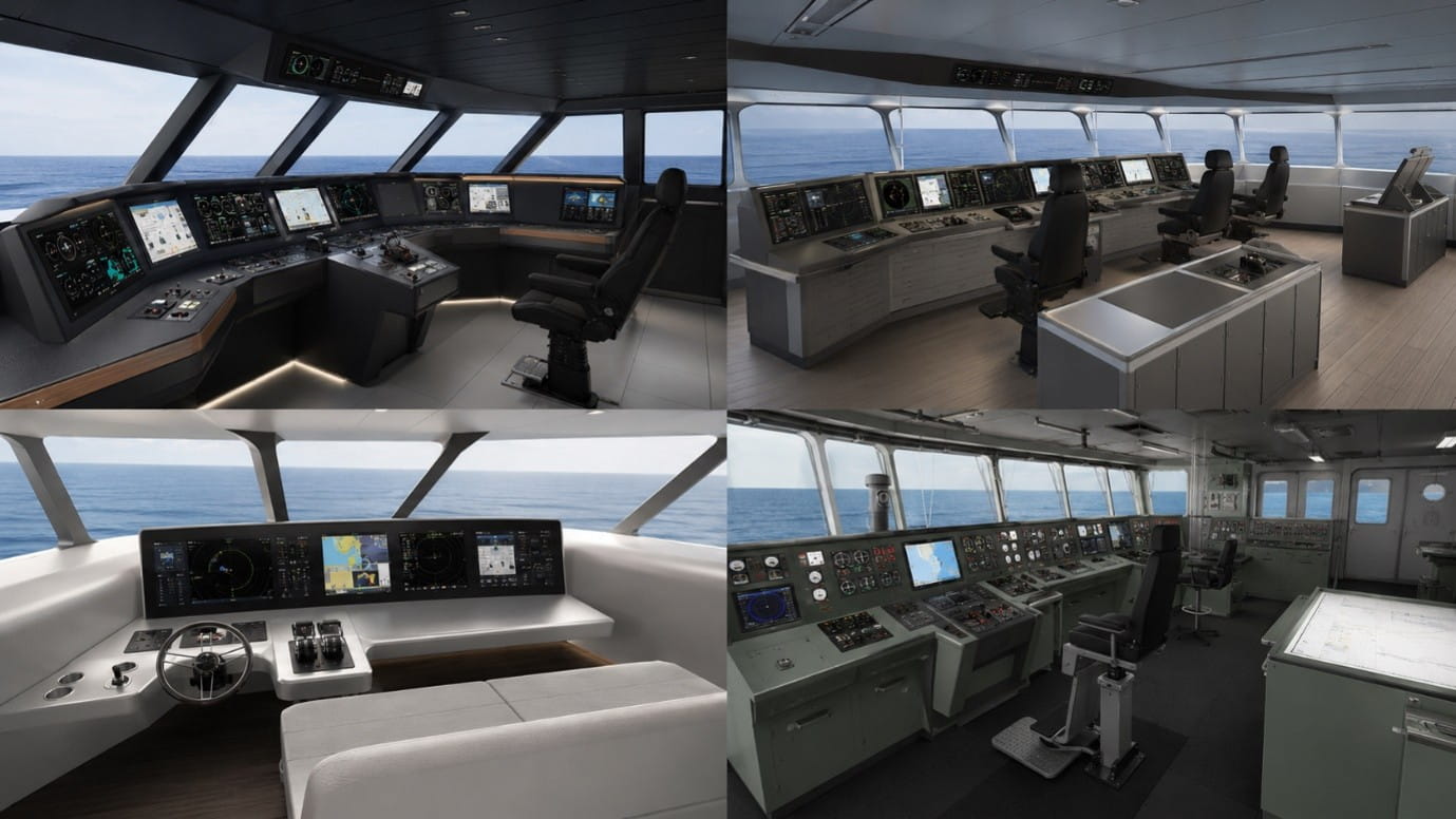 Collage showing four views of a navigation control room.