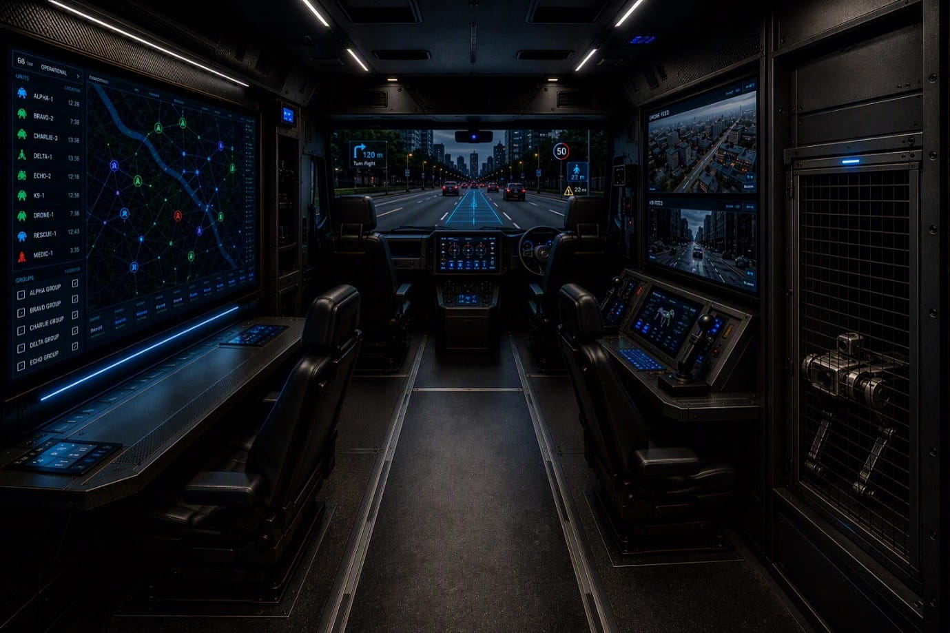 Futuristic control centre with multiple operator consoles and illuminated displays.