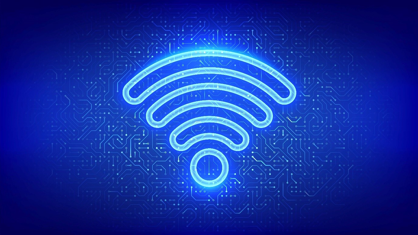 Digital illustration of a glowing blue Wi-Fi symbol set against a dark blue circuit board background.