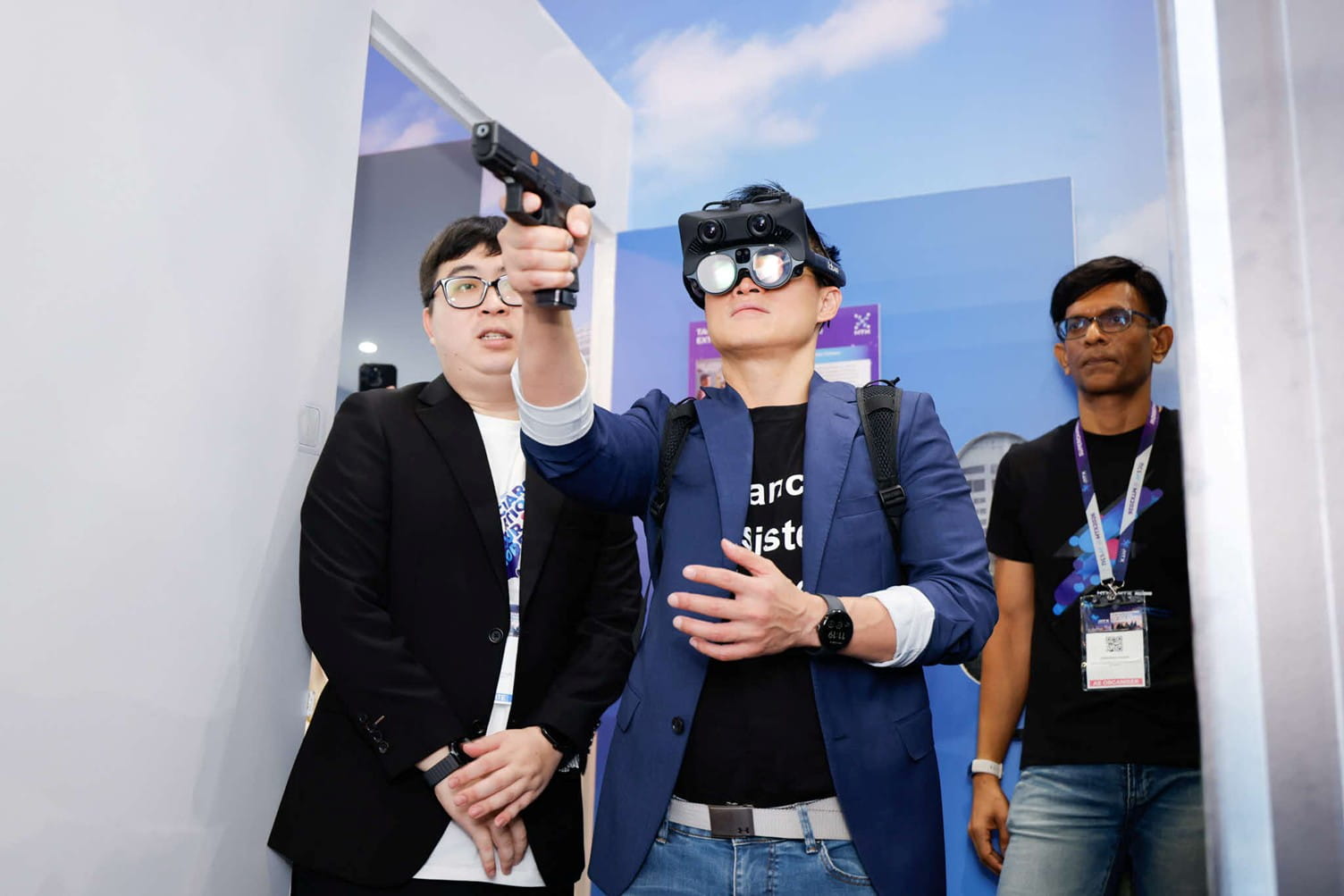 Man trying out a virtual reality headset.