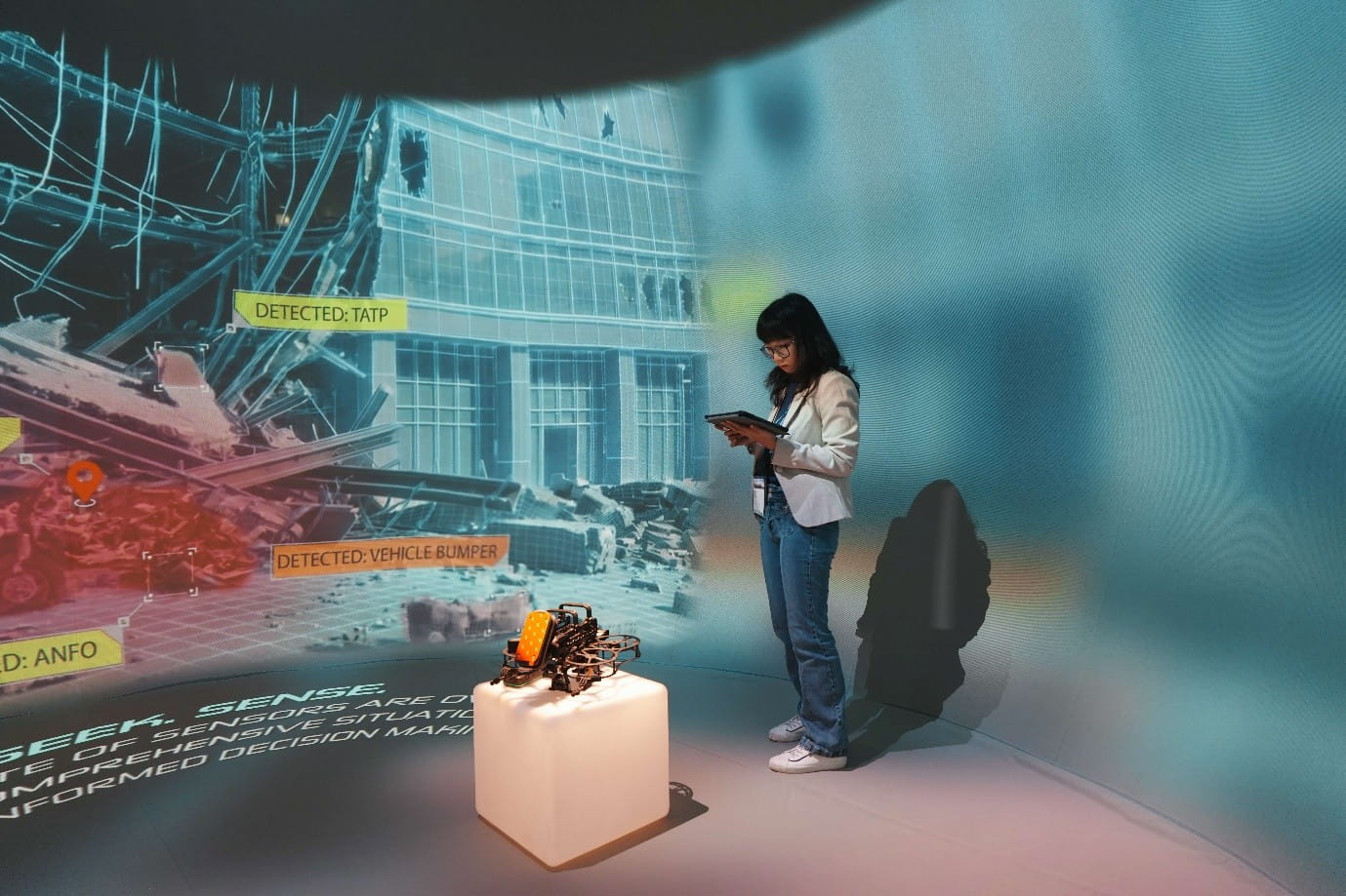 Woman interacting with an augmented reality display.