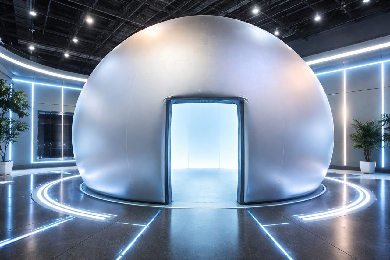 Futuristic, dome-shaped structure with a glowing entrance, situated in a modern, well-lit indoor space with reflective flooring.
