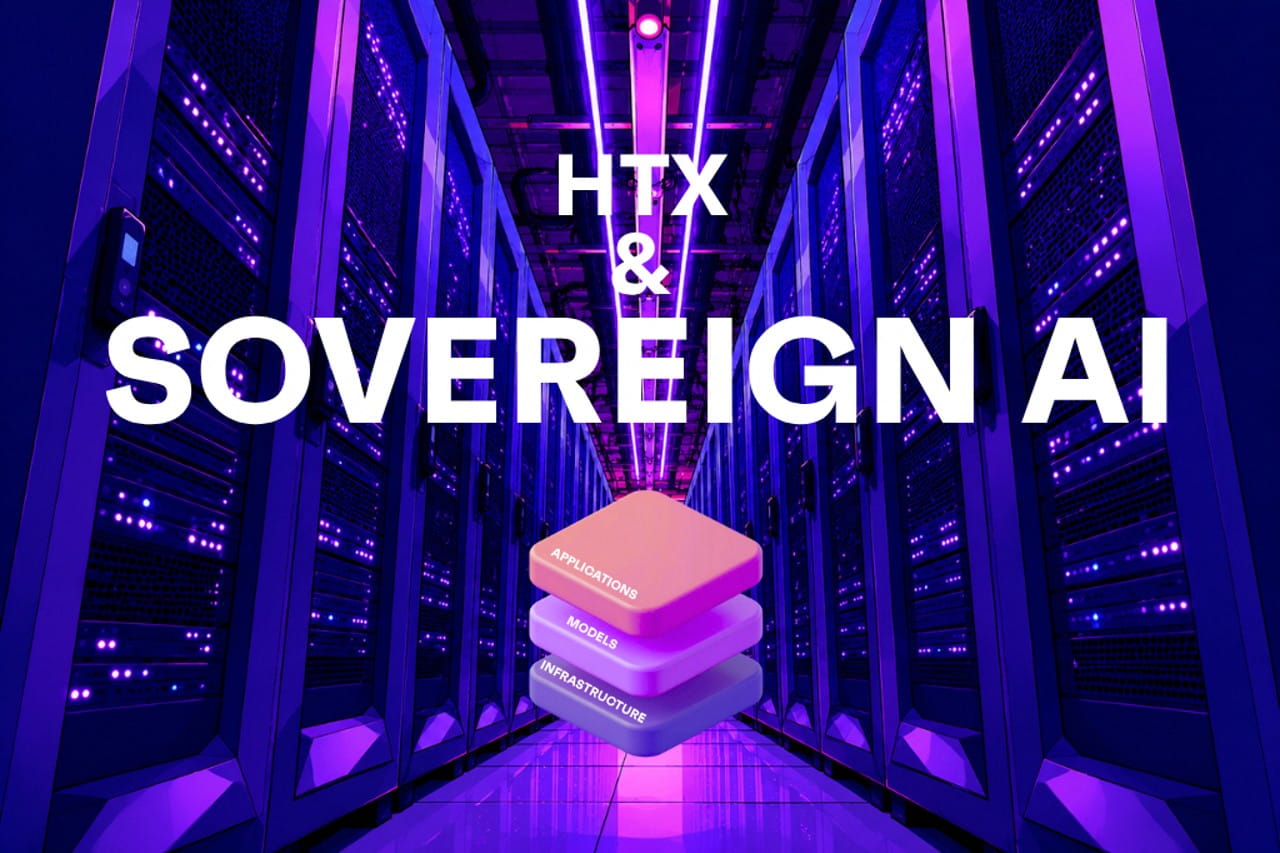 A server room with words “HTX & Sovereign AI” overlaid.