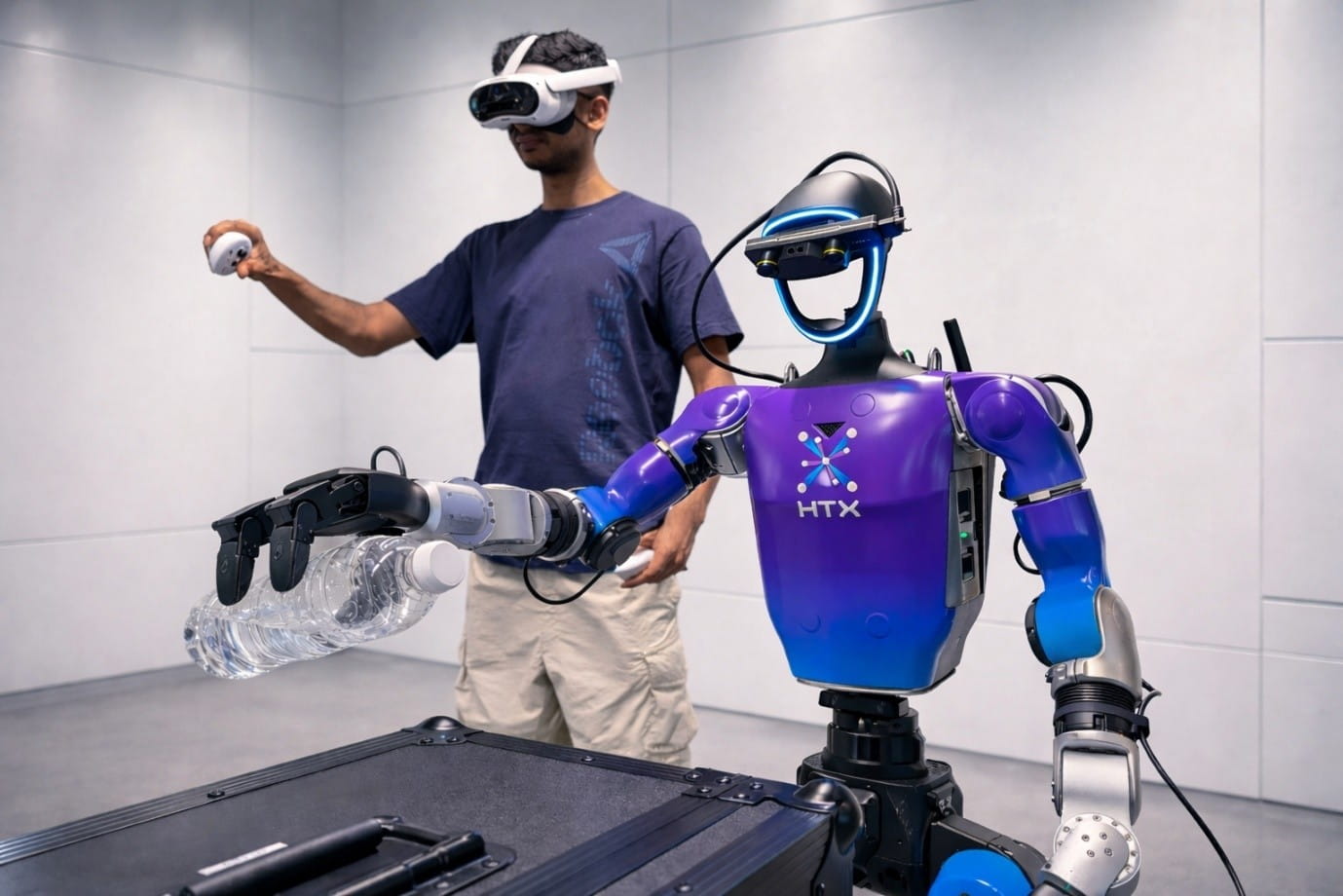 A humanoid robot holding a plastic bottle, operated by a person wearing a virtual reality headset and controller.