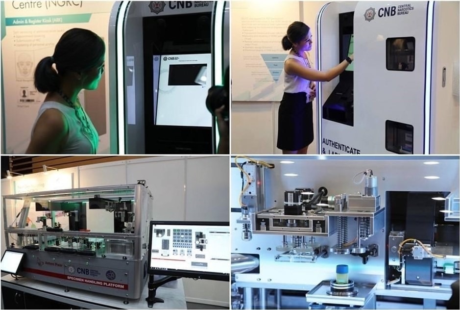 A collage showing technology used by the Central Narcotics Bureau, including biometric authentication kiosks and automated specimen handling machines.