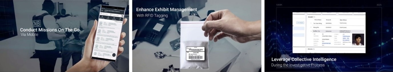 A three-panel collage showcasing law enforcement technologies.