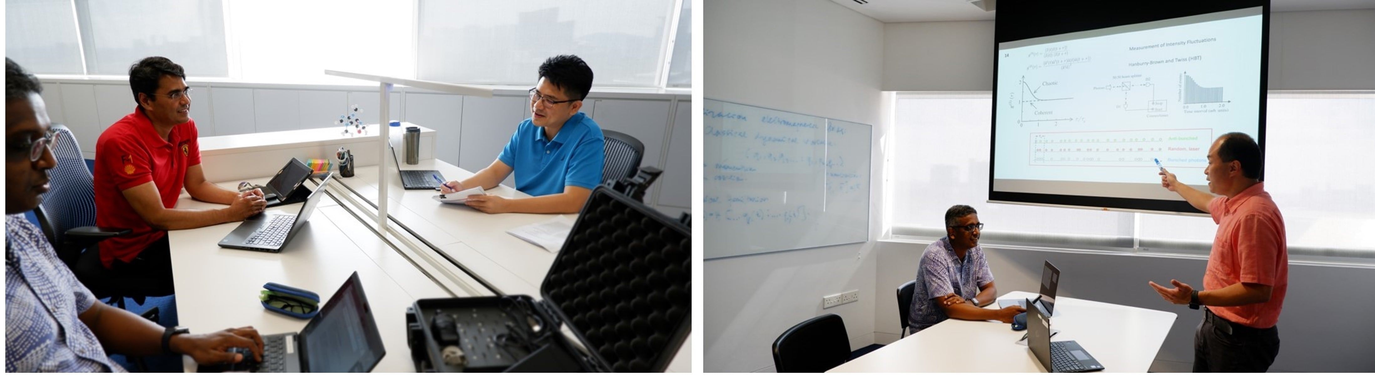 Men in meetings with laptops; one group discussion and one presentation.