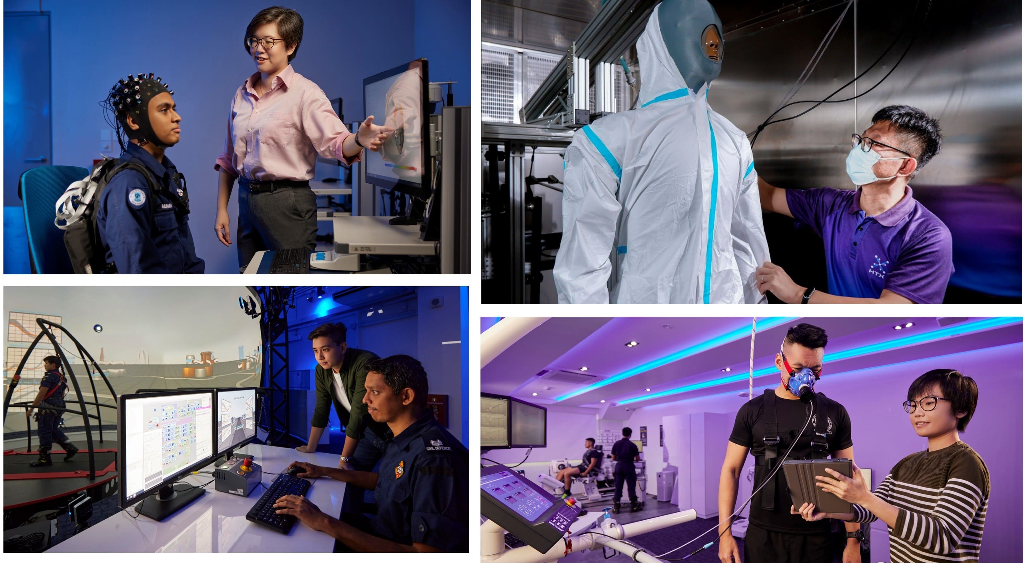 Collage of human factors and simulation research and training activities.