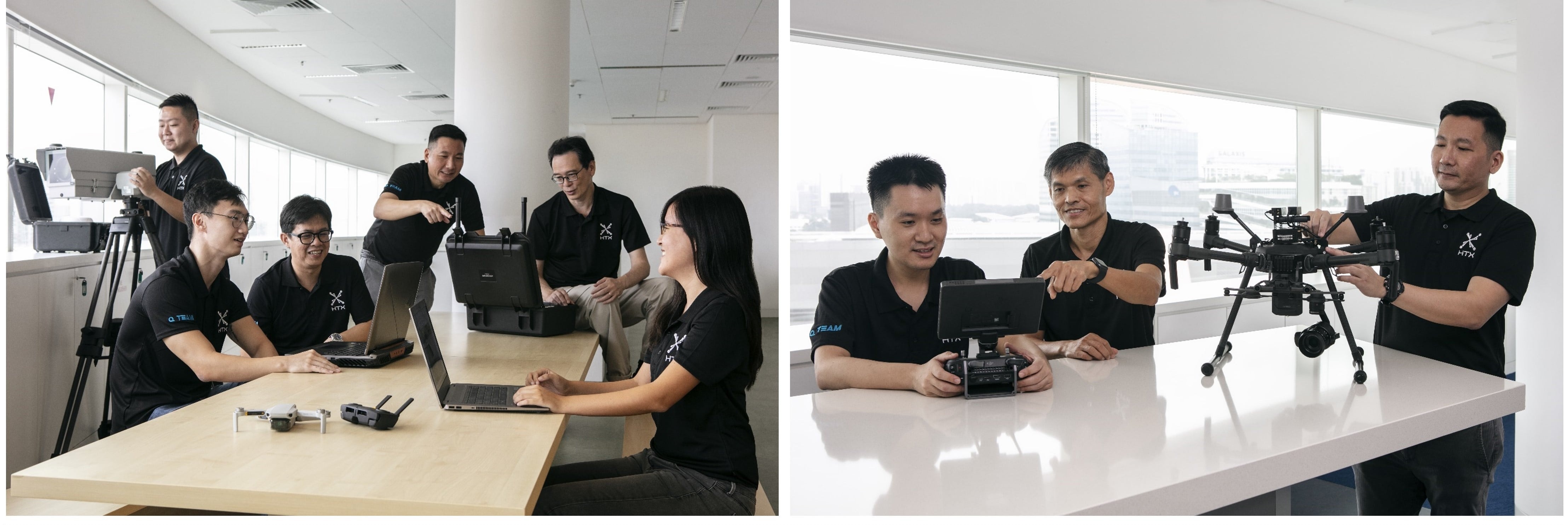 Team working with drones and control equipment.