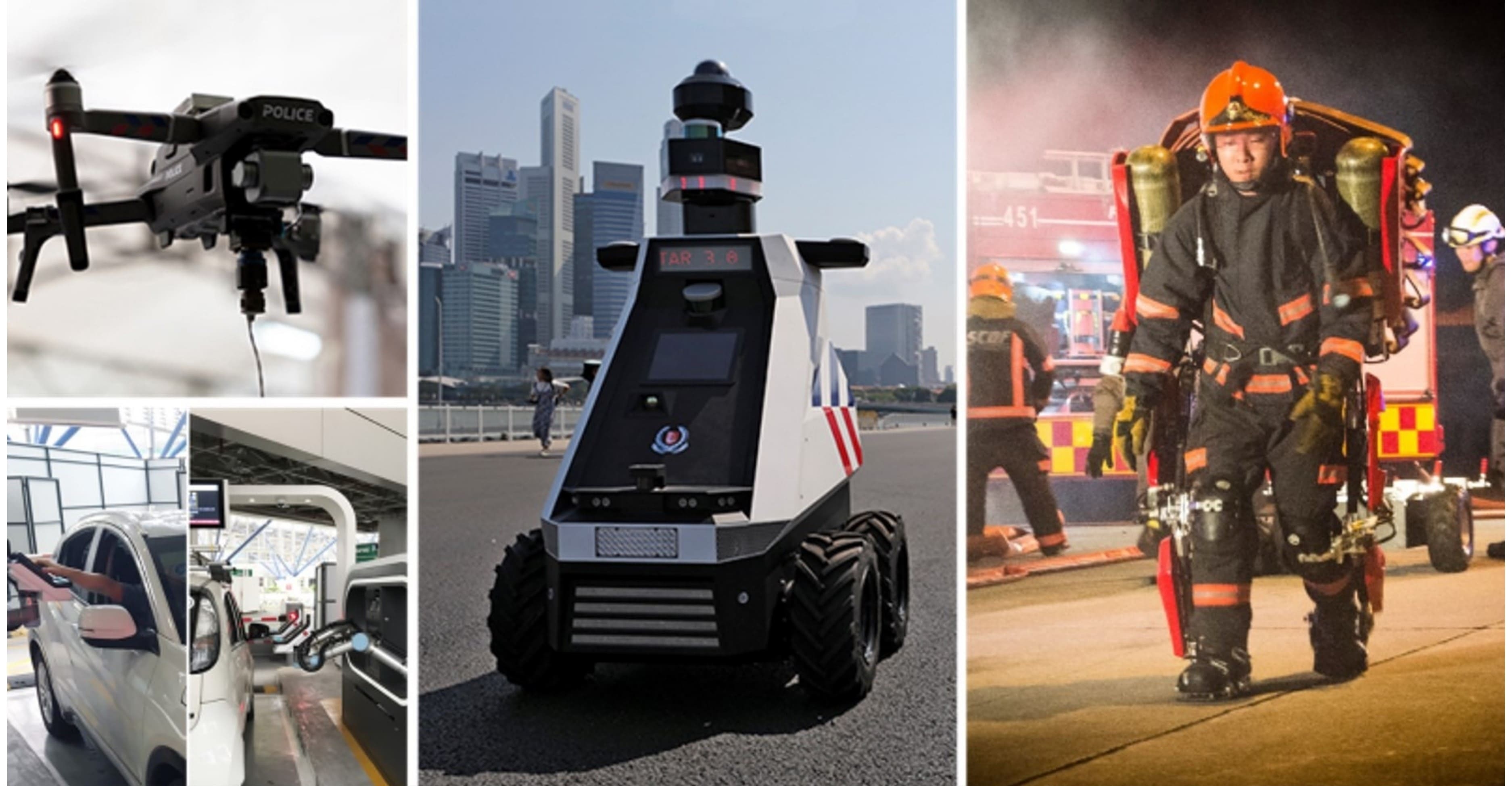 Collage of technology including a police drone, a patrol robot, a firefighter's exoskeleton, and an automated car checkpoint.