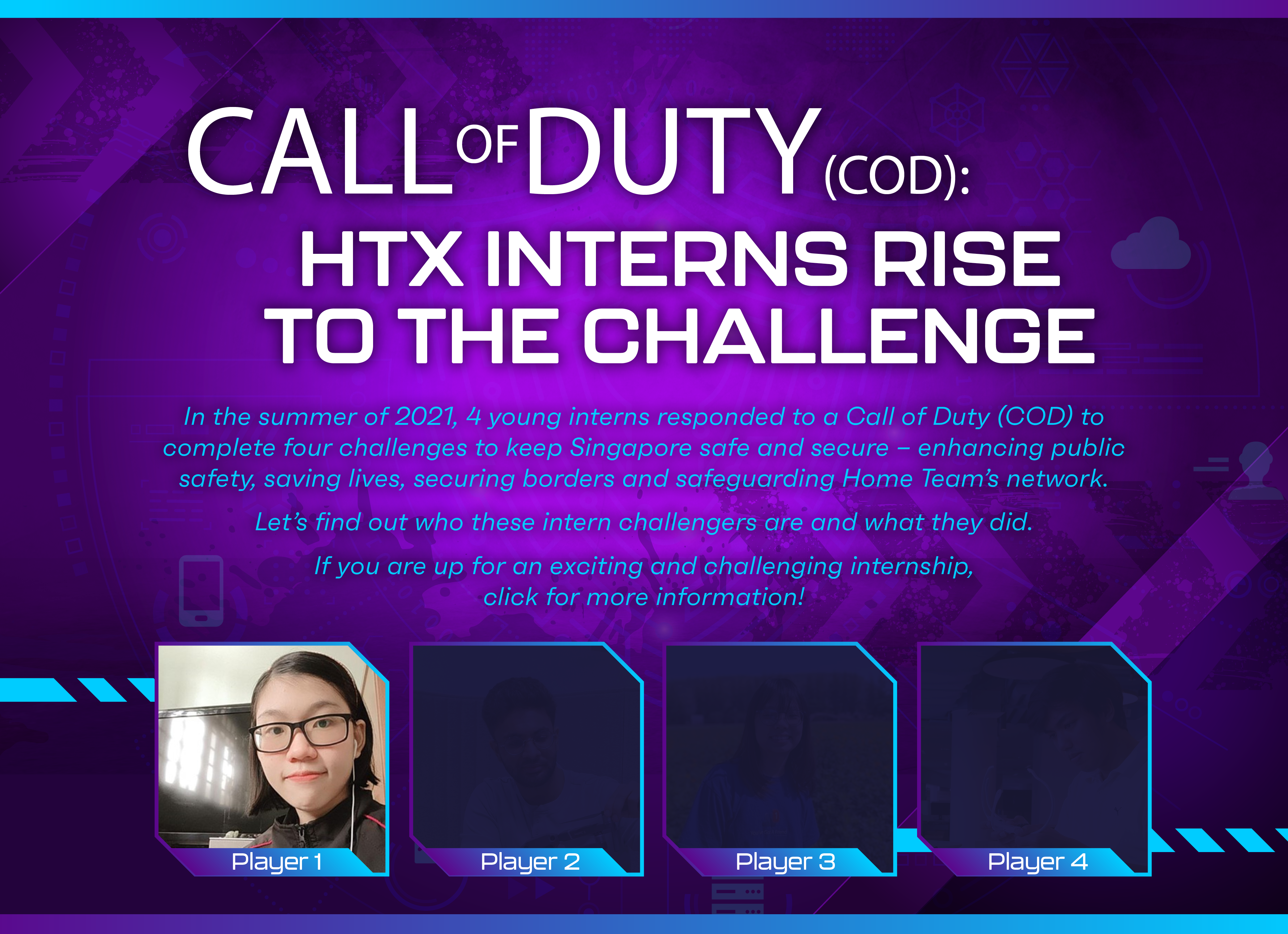 Game-themed graphic titled “Call of Duty: HTX Interns Rise to the Challenge,” introducing four interns. Player 1 shows Ani Shanie Ng’s photo, while Player 2, Player 3, and Player 4 slots are dimmed silhouettes.