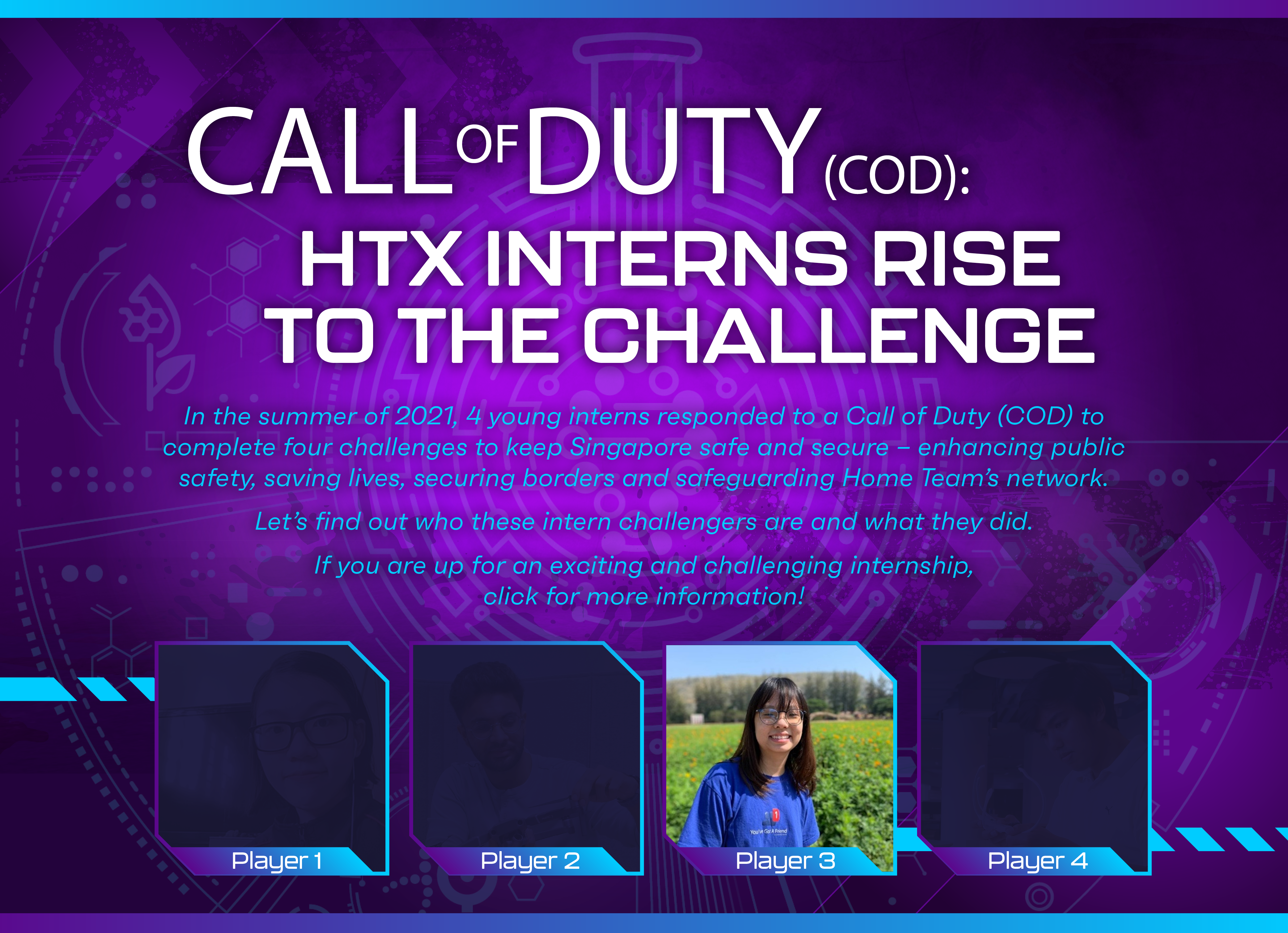 Game-themed graphic titled “Call of Duty: HTX Interns Rise to the Challenge,” introducing four interns. Player 3 shows Elizabeth Lee smiling in a field, while Player 1, Player 2, and Player 4 slots are dimmed silhouettes.